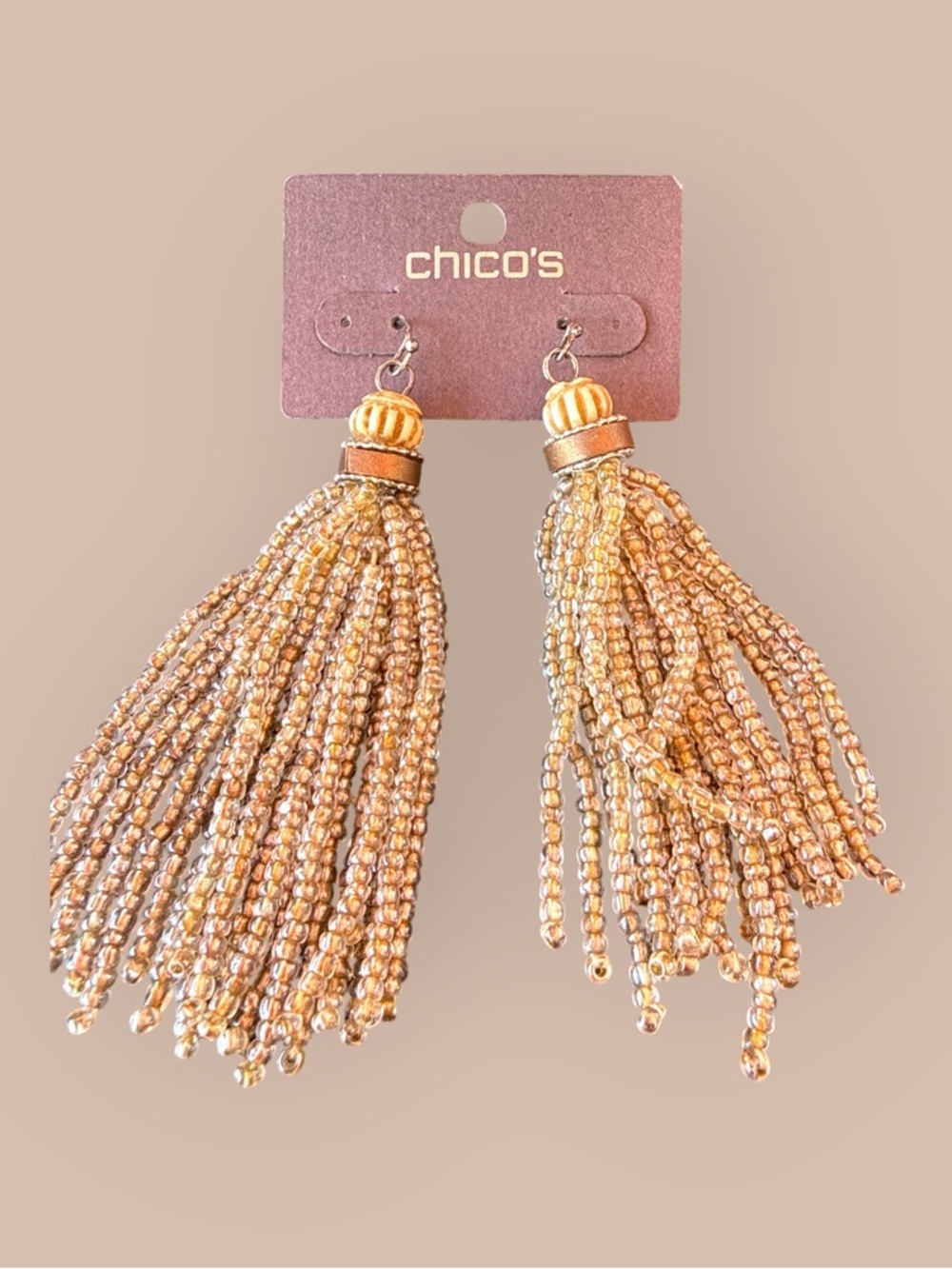 Chico’s Gold Tone Beaded Tassel Statement Earrings 3”